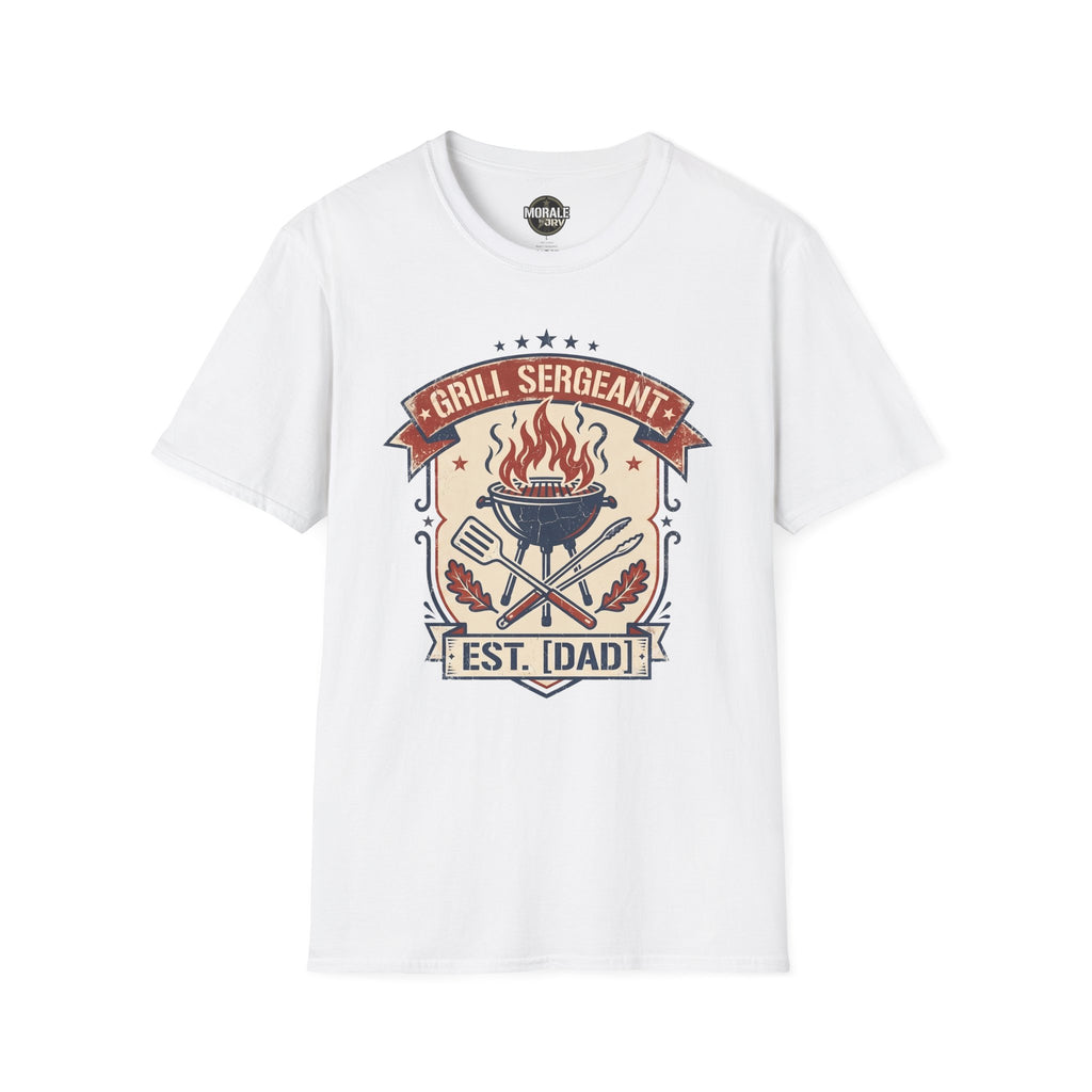 White “Grill Sergeant EST. [Dad]” graphic T-shirt with BBQ flame badge