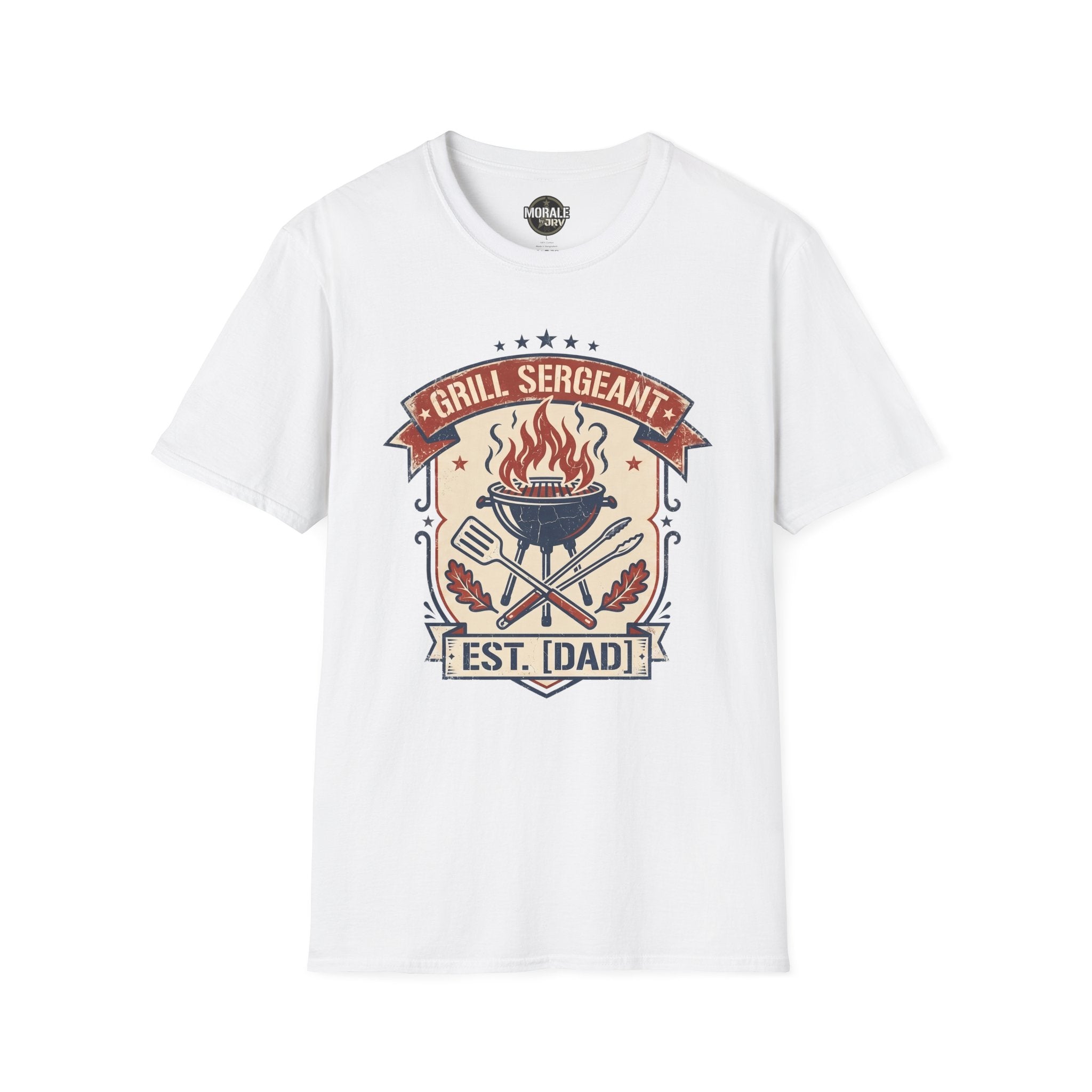 White “Grill Sergeant EST. [Dad]” graphic T-shirt with BBQ flame badge