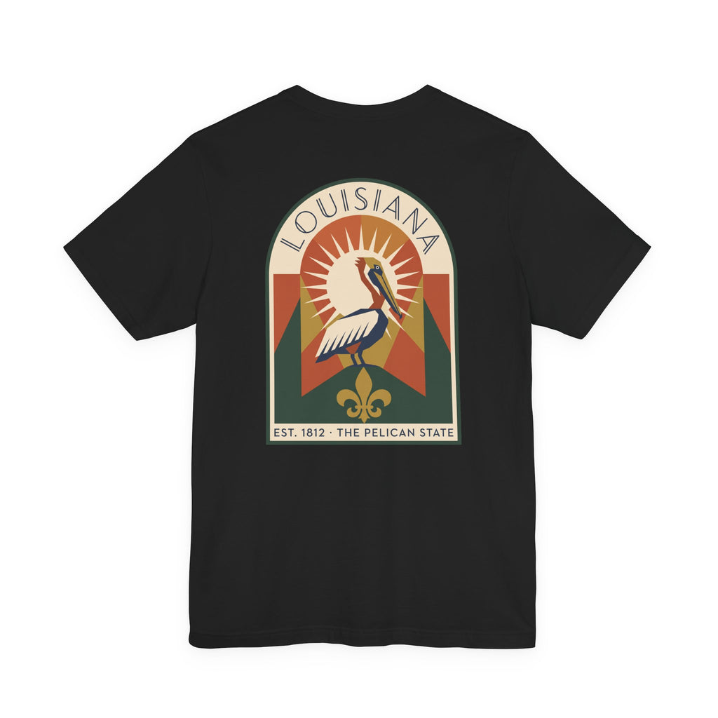 Black t-shirt with Louisiana pelican art graphic on chest