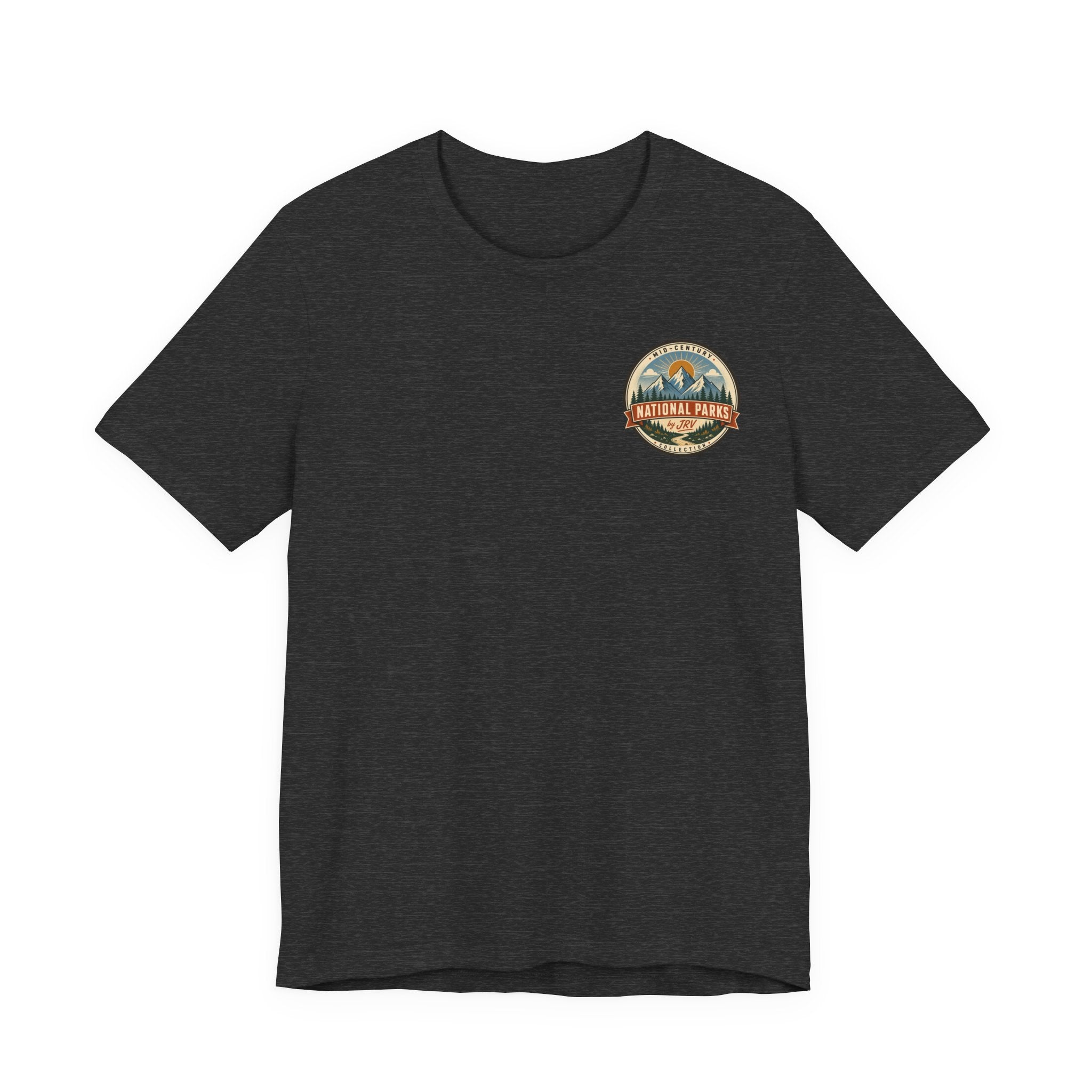 Dark charcoal crew neck t-shirt with small circular park logo on the chest