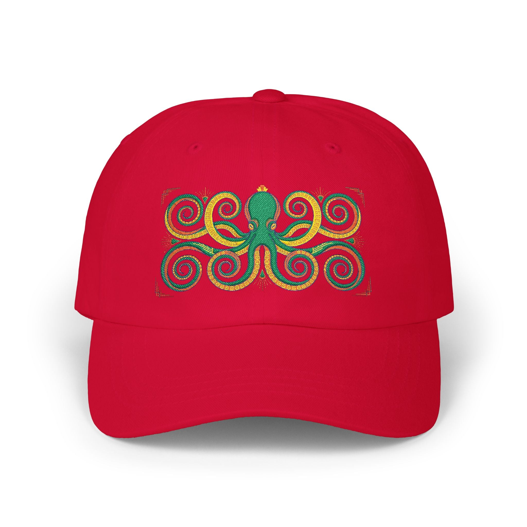 Octopus Swirl Dad Cap — Nautical Green & Gold Embroidered Baseball Hat