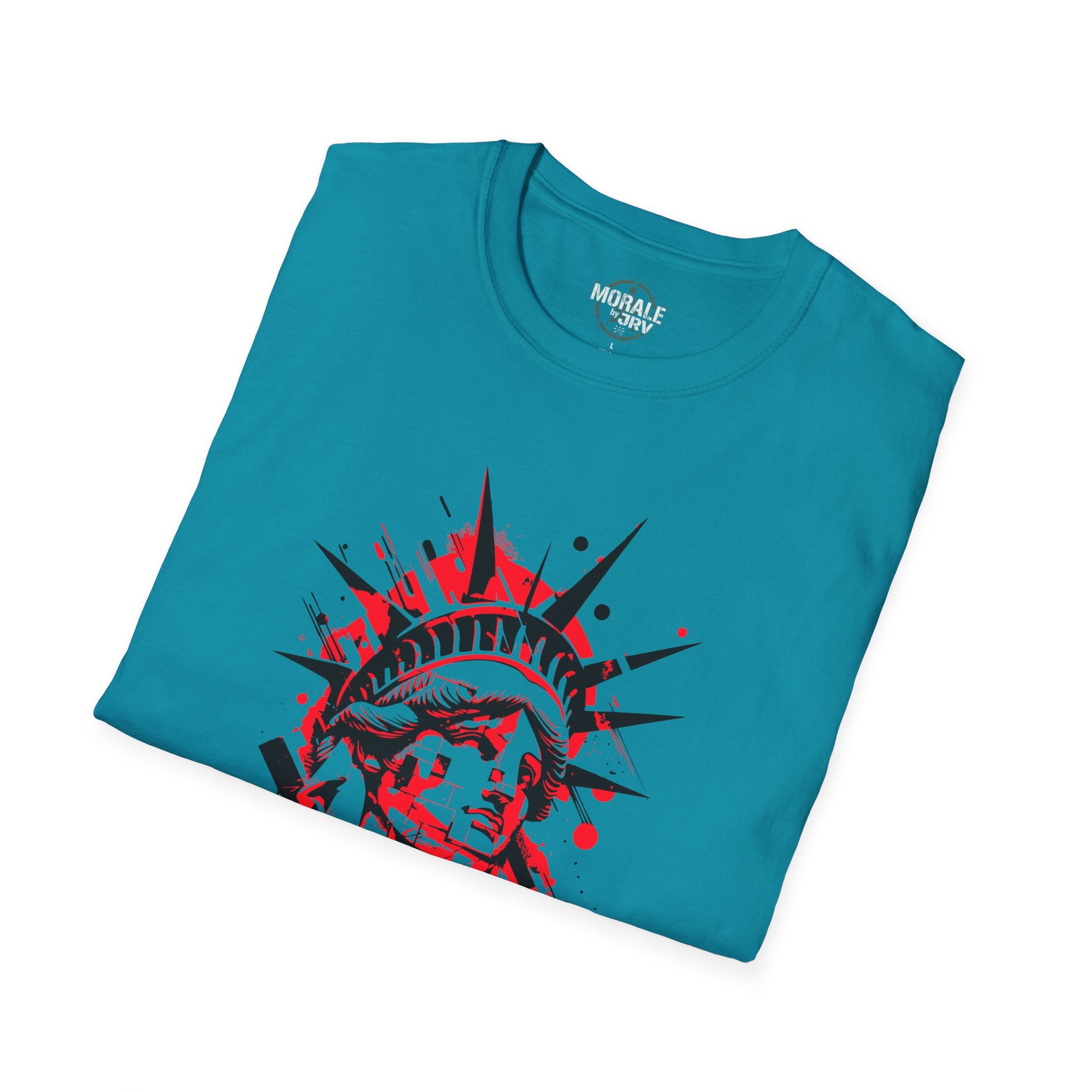 Liberty Statue graphic T-shirt in Tropical Blue, front Liberty statue graphic