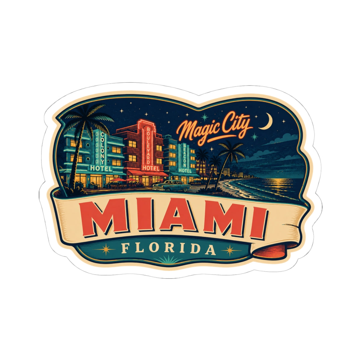 Miami luggage tag sticker, blue night skyline and arched "MIAMI" "FLORIDA" design