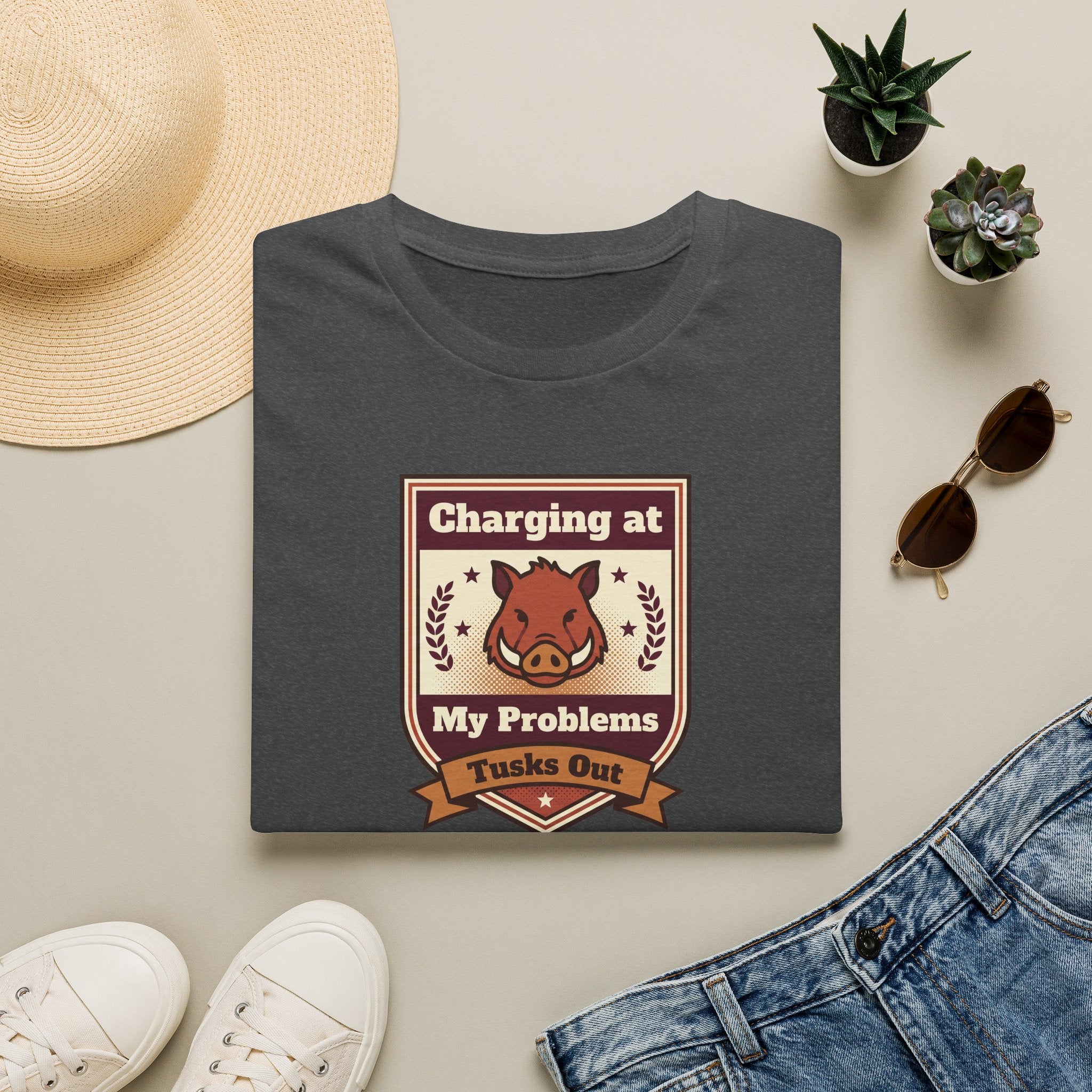 Funny Boar T-Shirt | Charging at My Problems Tusks Out Crest Graphic Tee | Wild Boar Lover Gift