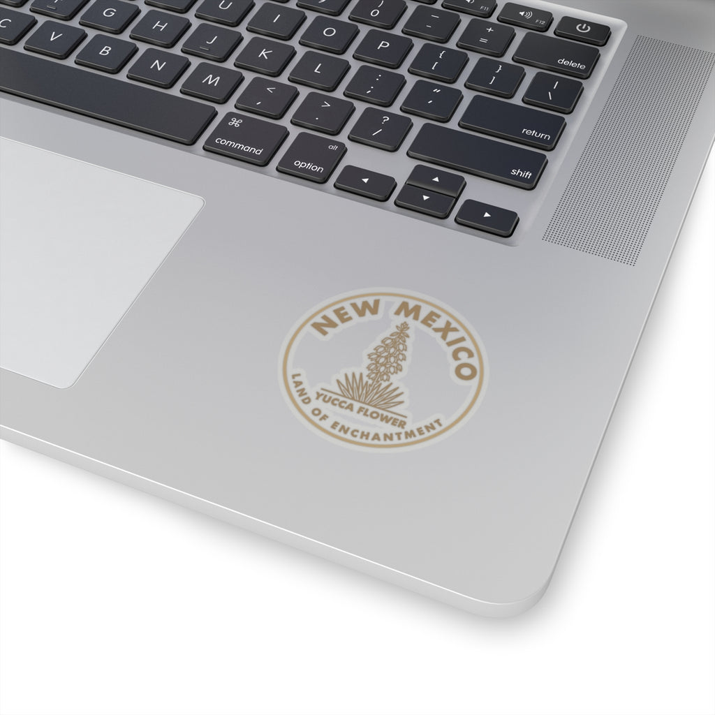 New Mexico yucca flower seal sticker on laptop lid, circular transparent vinyl decal