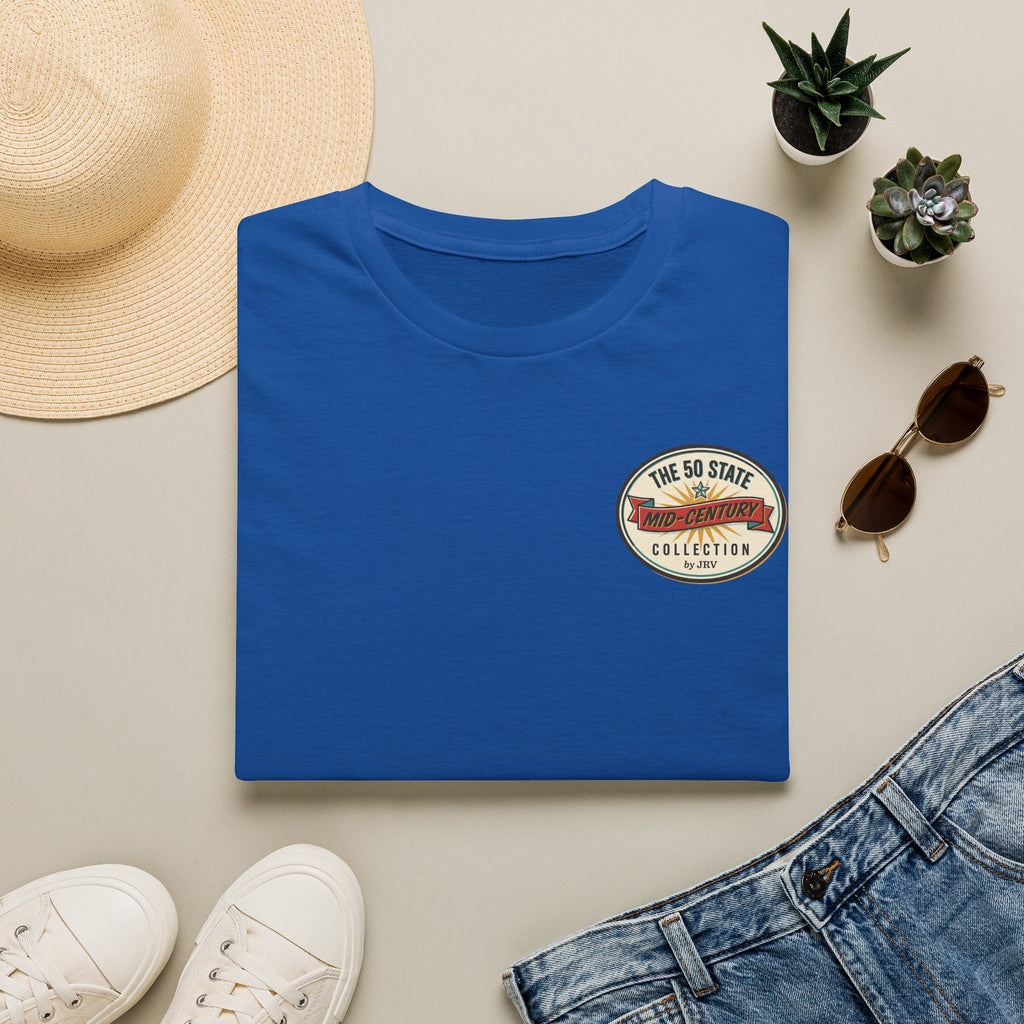 Royal blue crewneck T-shirt with round chest badge graphic.