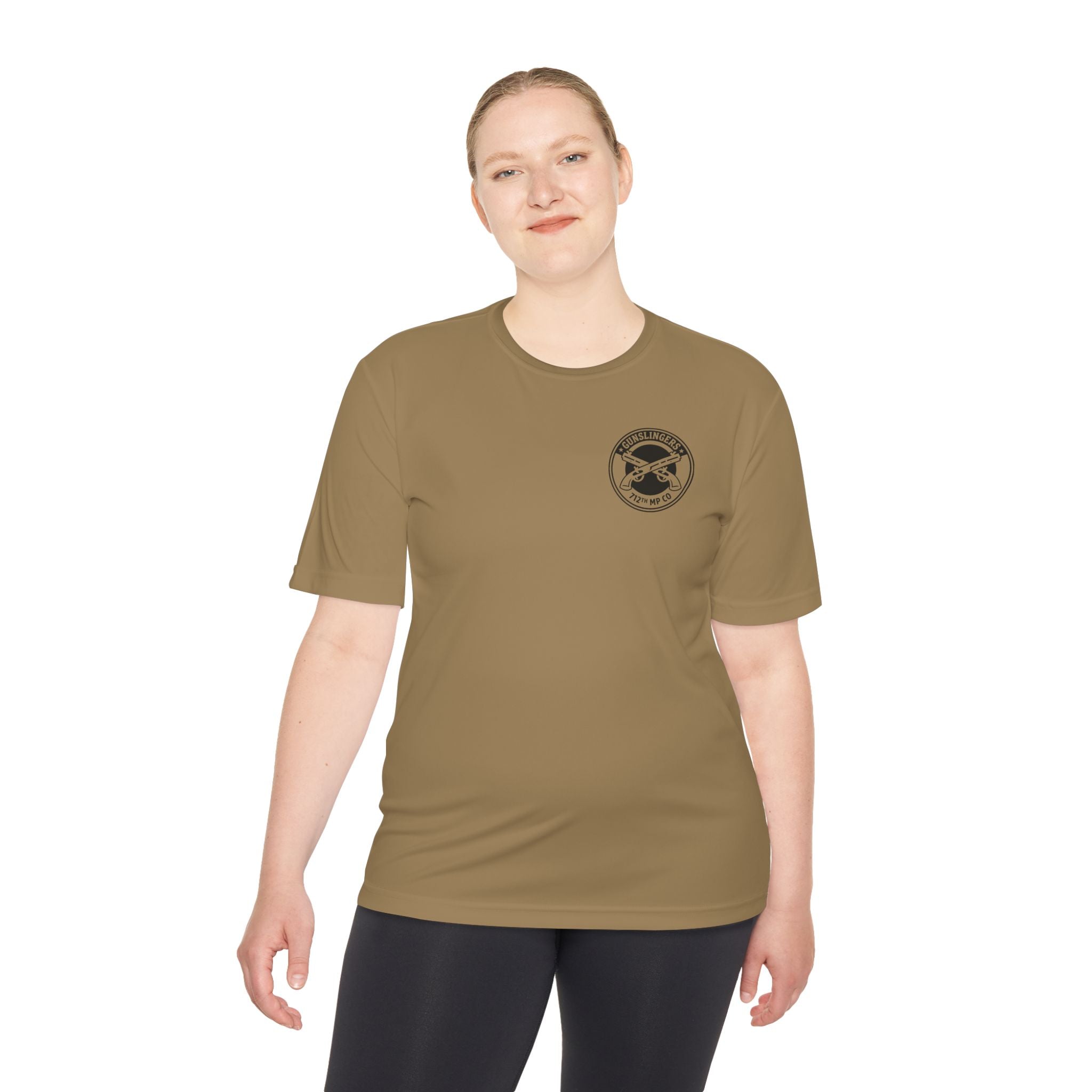 Coyote brown tactical T-shirt with crew neck and circular chest logo, womens fit