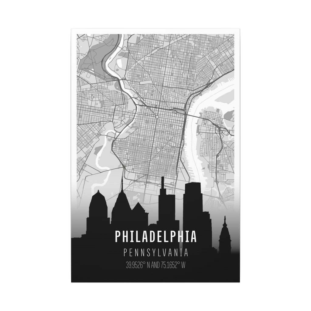 Philadelphia skyline map canvas with black city silhouette and coordinates text