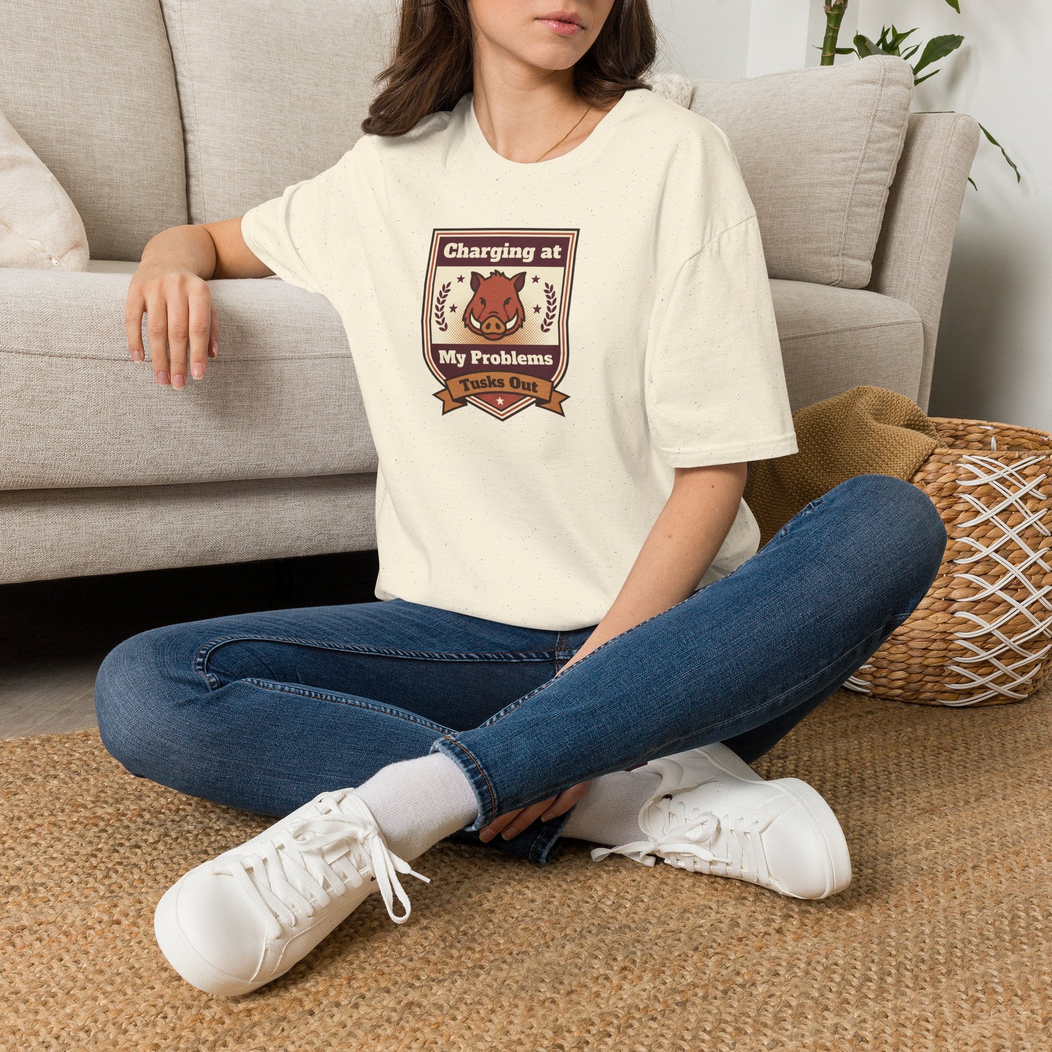 Funny Boar T-Shirt | Charging at My Problems Tusks Out Crest Graphic Tee | Wild Boar Lover Gift