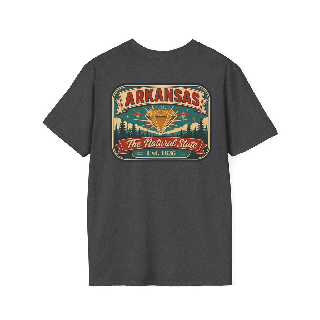 Crewneck T-shirt in dark gray with Arkansas “Natural State” badge graphic