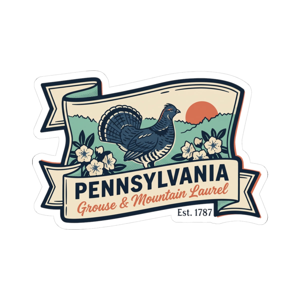 Pennsylvania grouse and mountain laurel vintage badge vinyl sticker decal with white outline