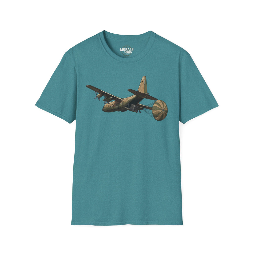 Heather teal T-shirt with C-130 cargo plane graphic printed on the chest