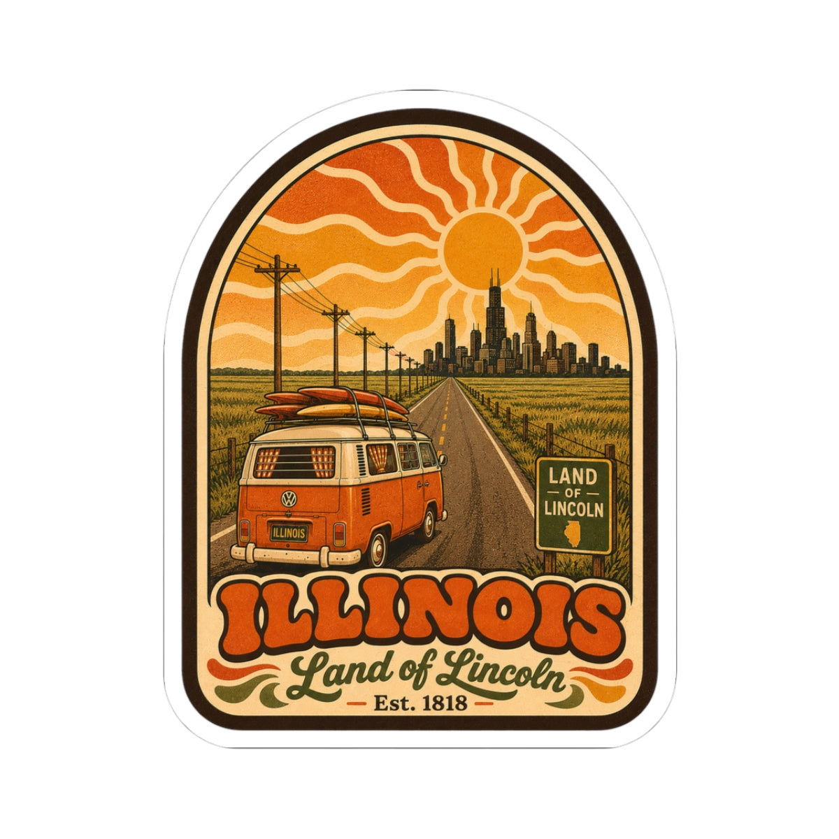 Kiss-cut sticker with orange camper van, Illinois lettering, and Land of Lincoln sign