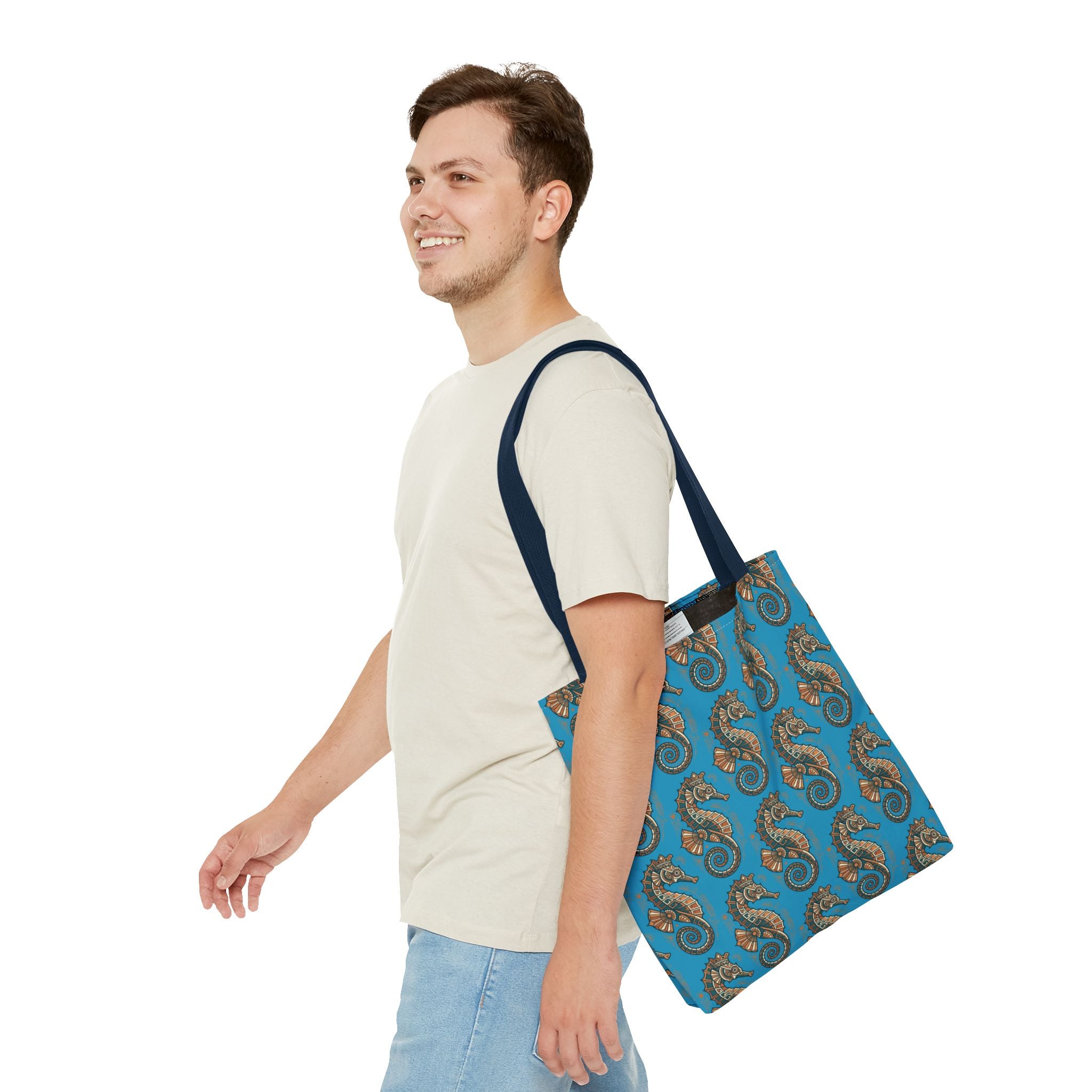 Ocean-blue tote bag with steampunk seahorse print and navy shoulder straps