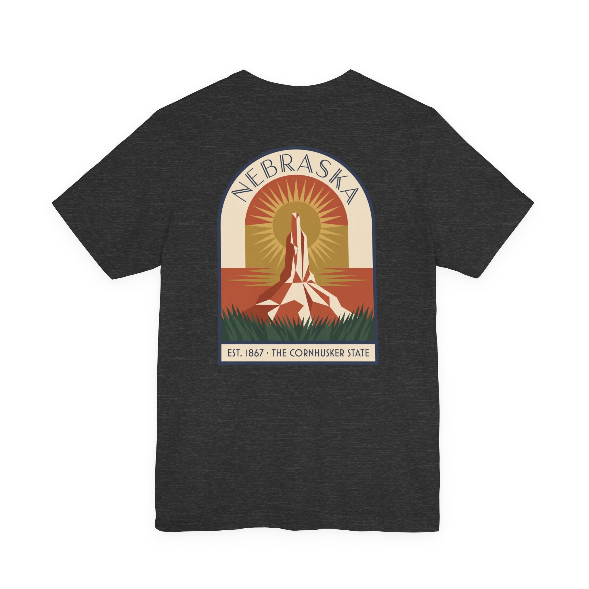 Nebraska art deco T-shirt, dark gray with Cornhusker sunrise graphic