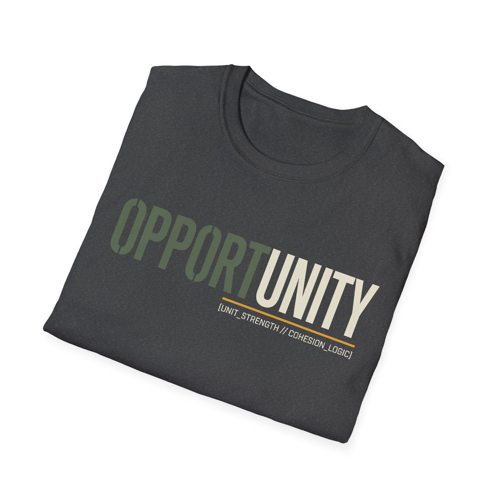 Dark heather T-shirt with 'OPPORTUNITY UNITY' quote graphic