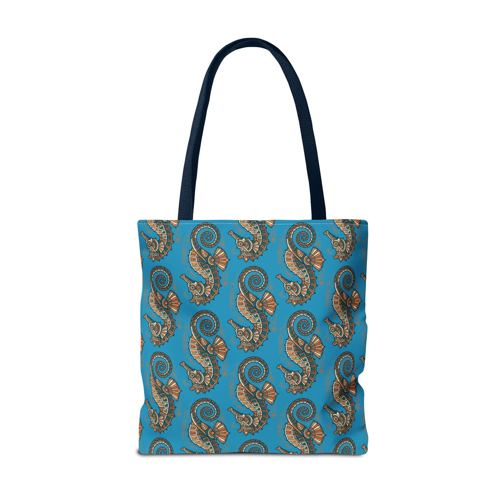 Ocean-blue tote bag with repeated steampunk seahorse pattern and navy handles
