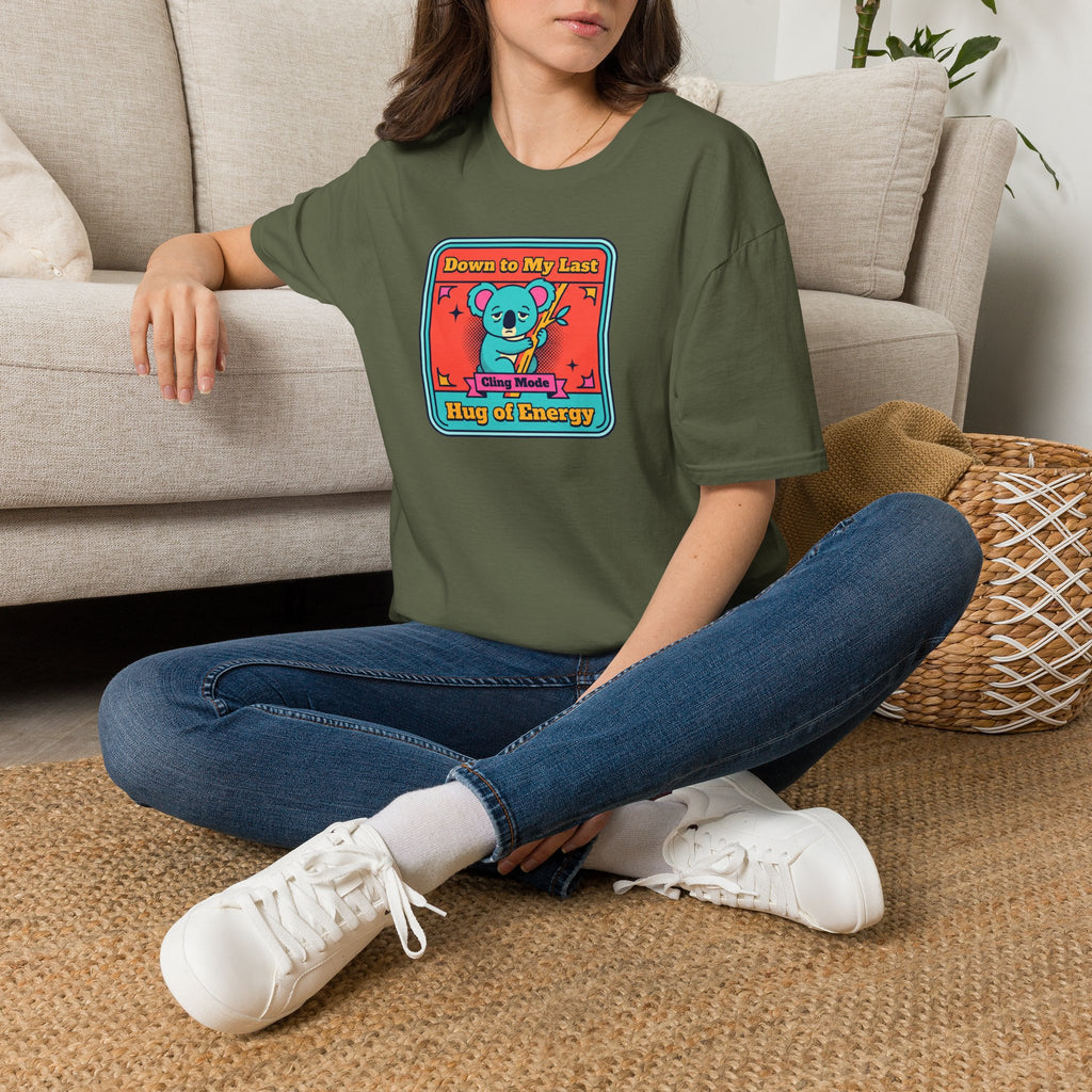 Funny Koala T-Shirt | Down to My Last Cling Mode Hug of Energy | Cute Kawaii Animal Graphic Tee
