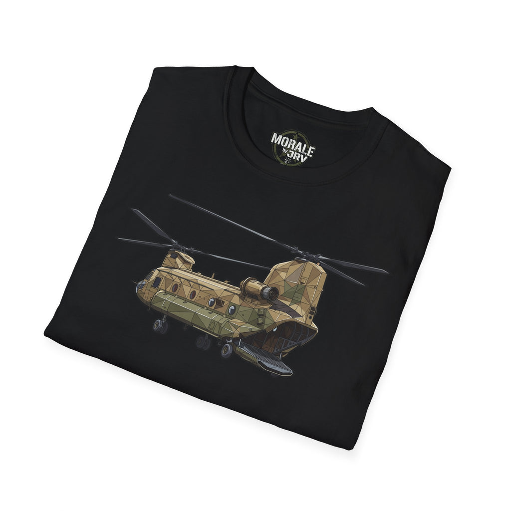 Black CH-47 Chinook T-shirt with camouflage helicopter graphic and logo