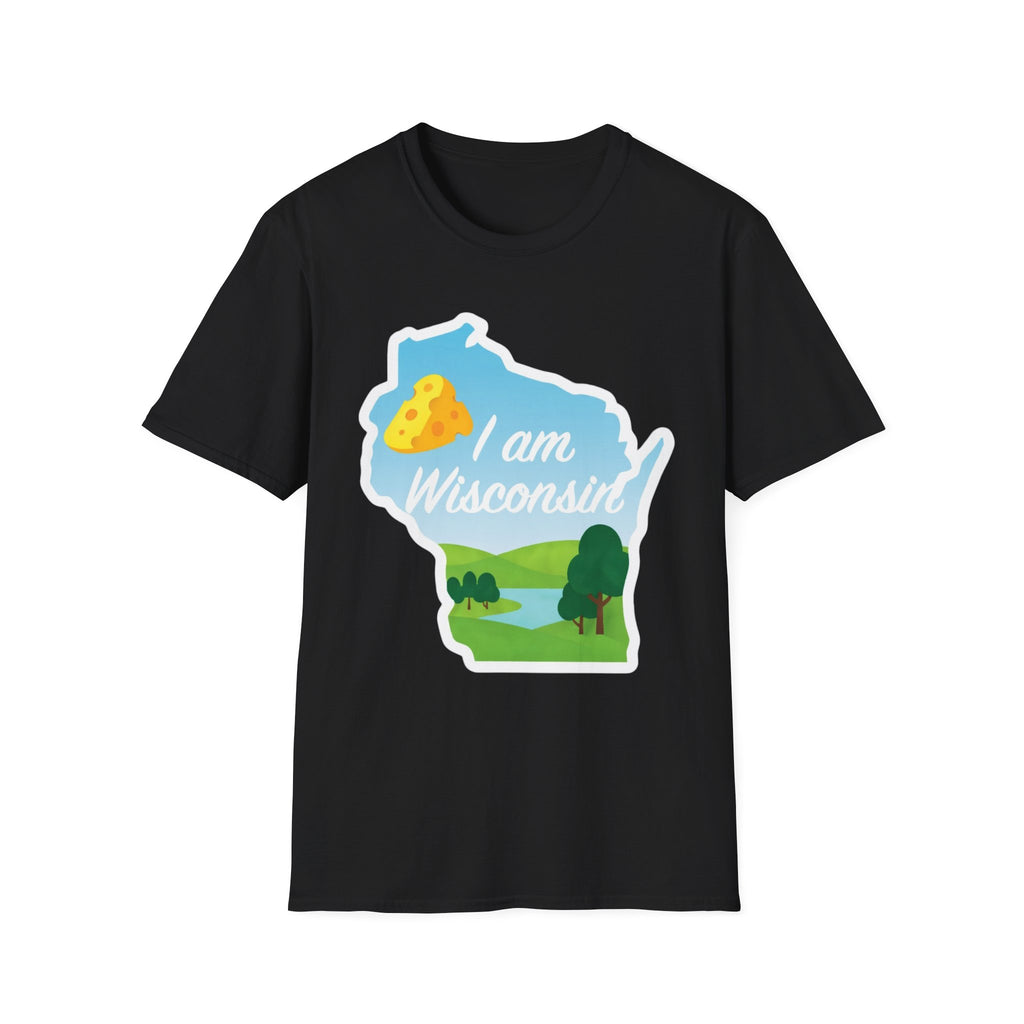 Black T-shirt with Wisconsin outline graphic, cheese & green landscape, “I am Wisconsin”