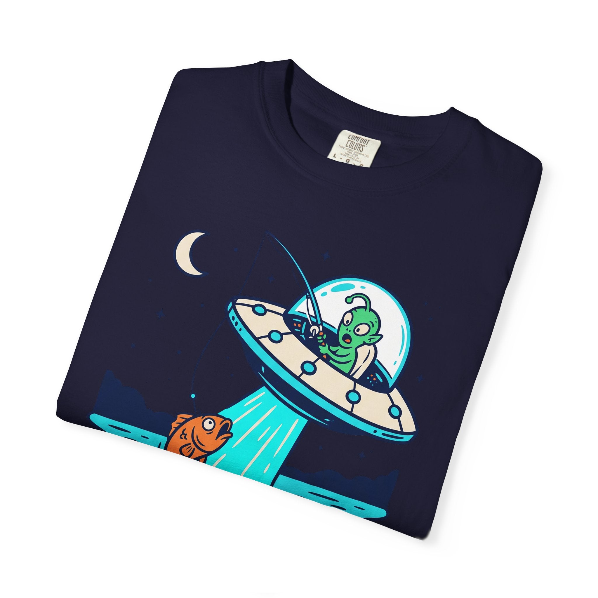 Navy T-shirt front with alien fishing UFO graphic, moon and stars