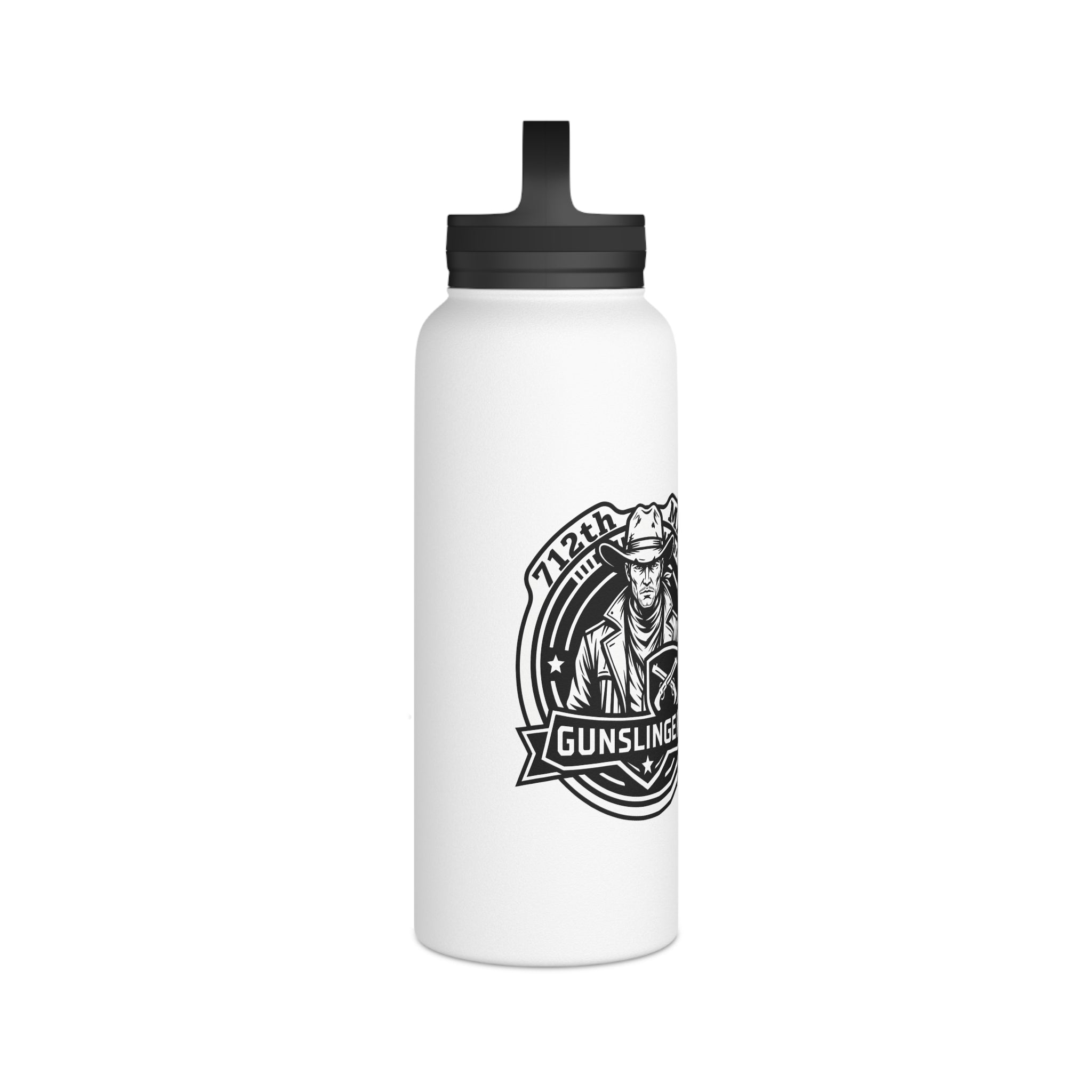 White stainless steel water bottle with black flip-top lid and Guns line logo
