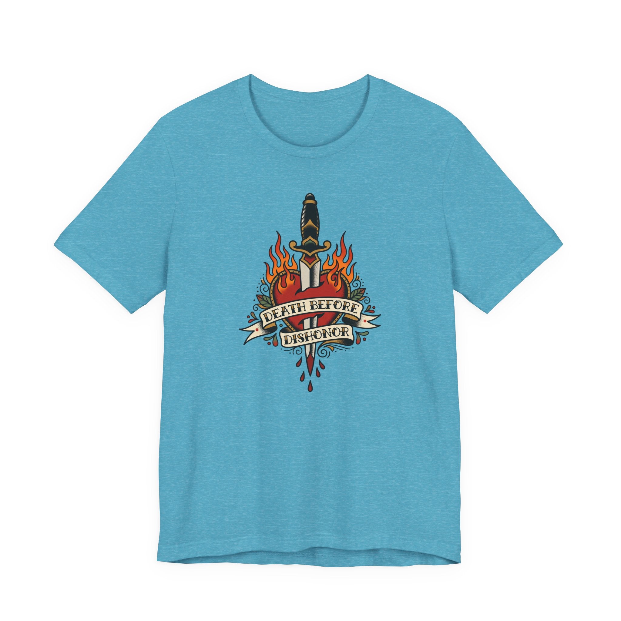 Light blue T-shirt with flaming dagger and banner graphic at center front