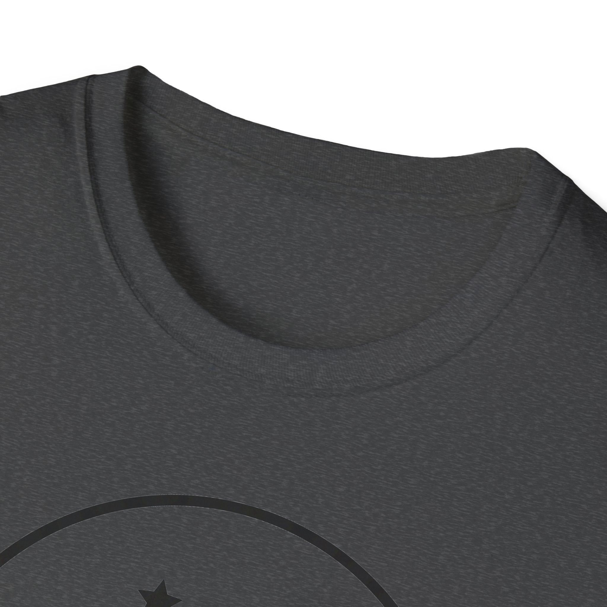 Dark gray t-shirt neckline with partial black crescent-and-star circle graphic