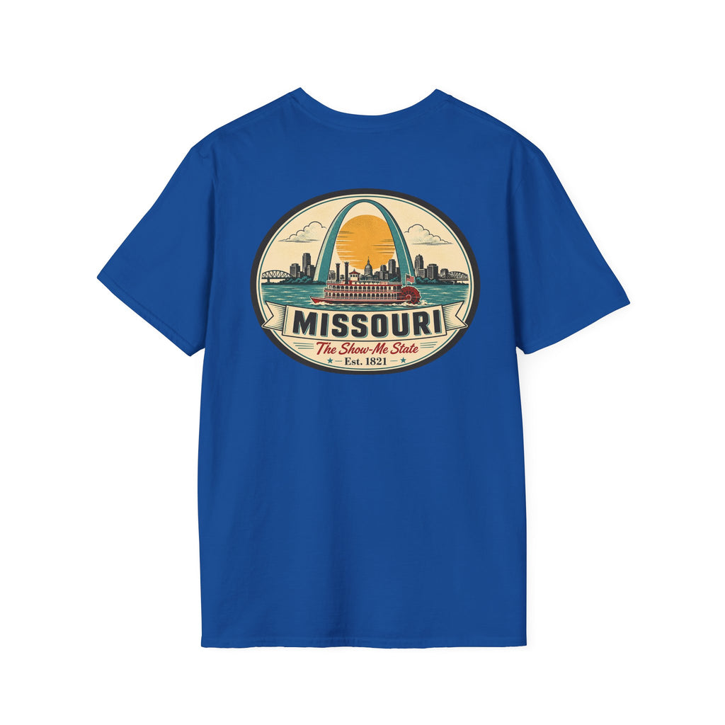 Missouri T-shirt in royal blue with circular arch graphic and “Missouri” text