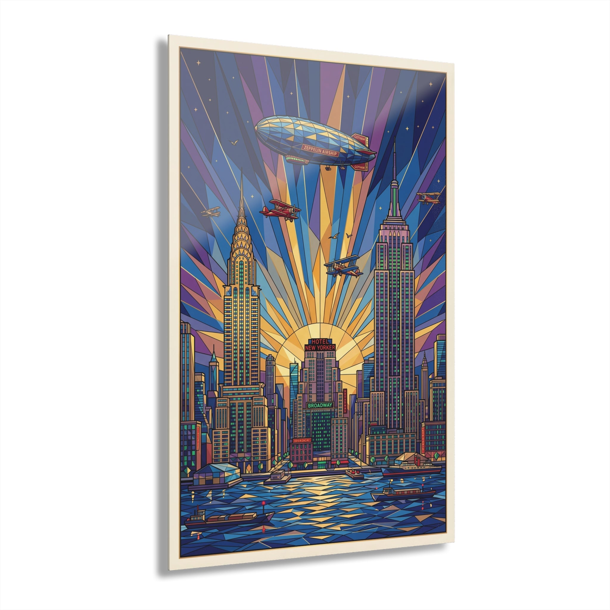 Art Deco NYC skyline acrylic print showing zeppelins, tall towers, and city lights, framed