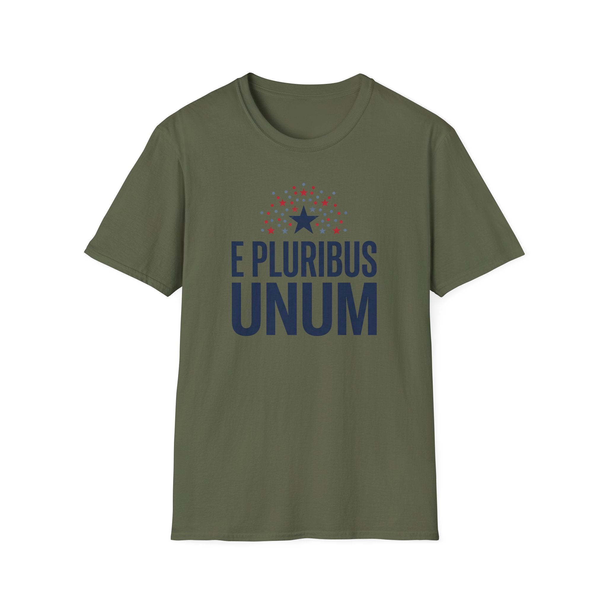 Olive-green crew-neck T-shirt with centered 'E PLURIBUS UNUM' graphic