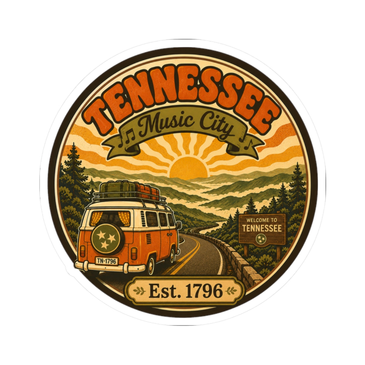 Round Tennessee Music City sticker showing orange van on road, sunset hills, and Est. 1796