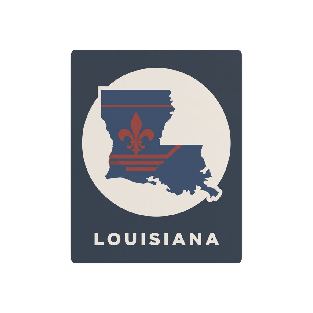 Louisiana metal wall art sign with state map and fleur-de-lis in red and navy