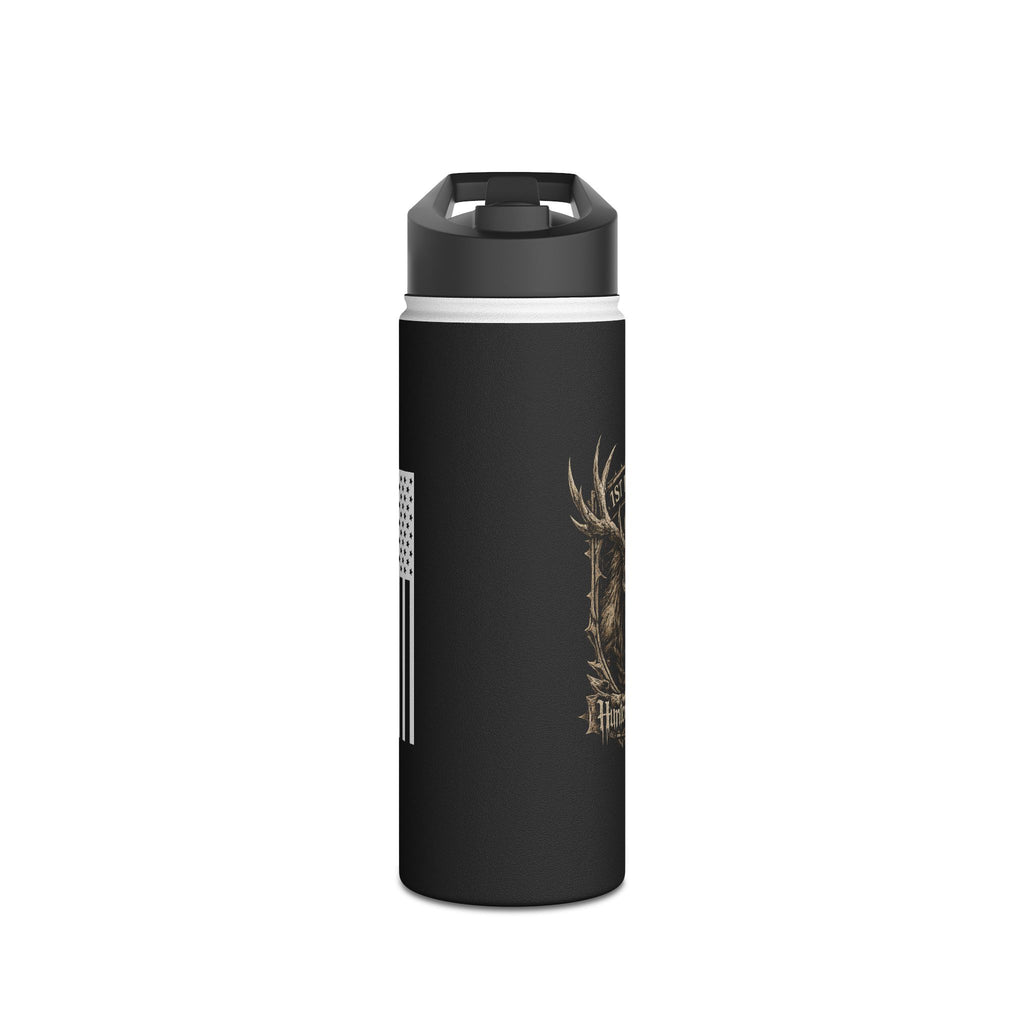 Stainless steel tumbler, black with gold deer antler graphic and silver rim
