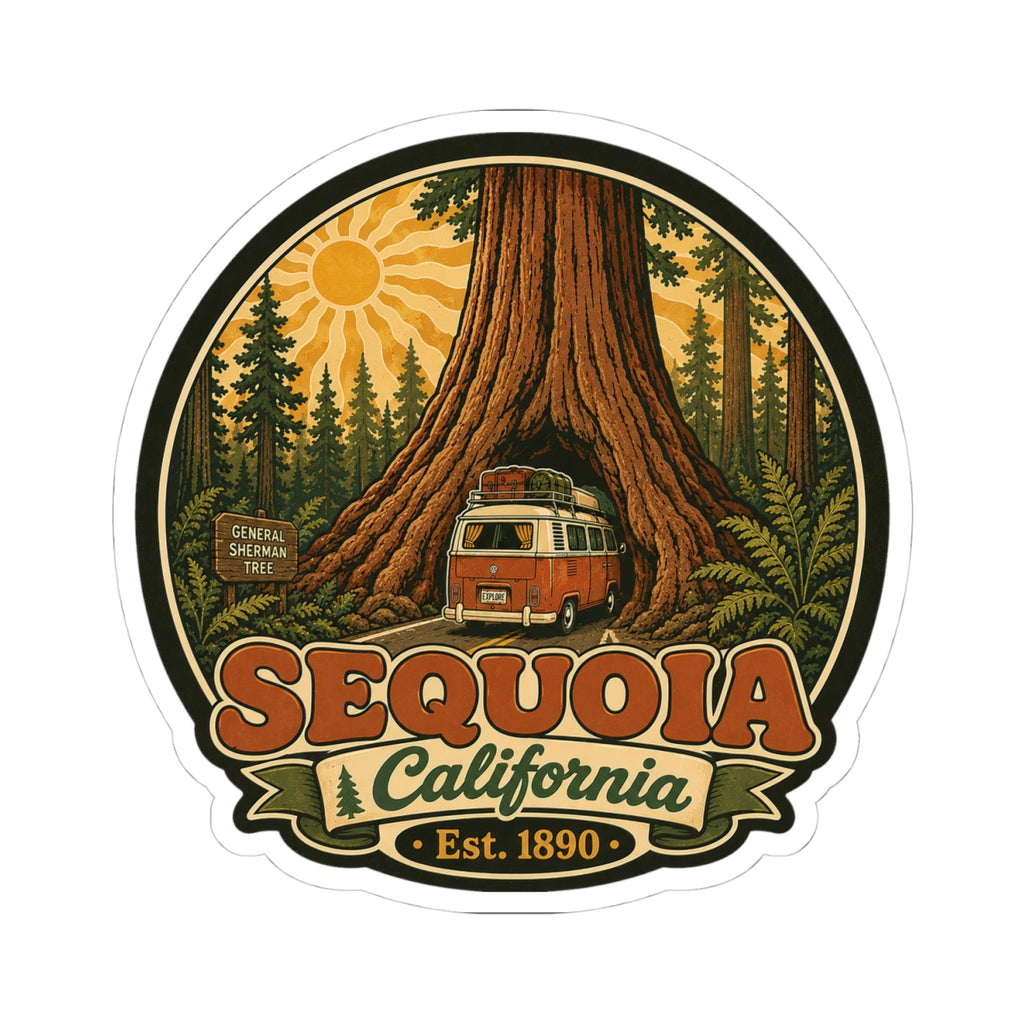 Round sticker with sequoia tree, camper van, yellow sun, and Sequoia California Est. 1890.