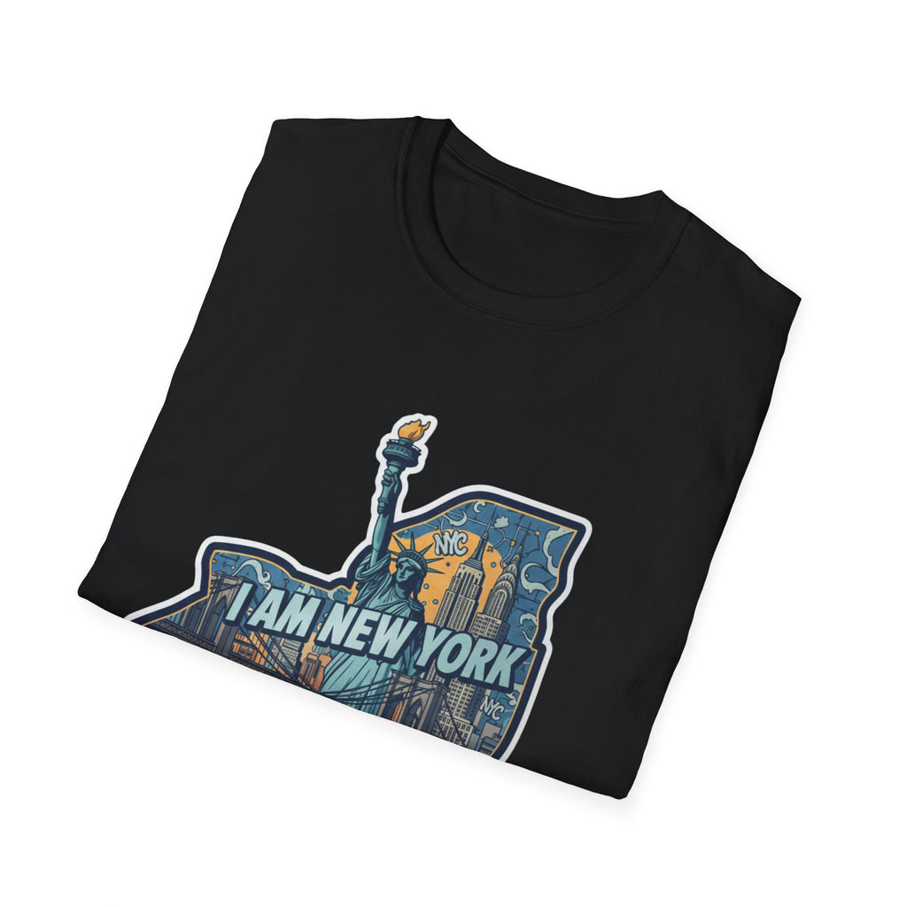 Black T-shirt with “I AM NEW YORK” skyline graphic on the front