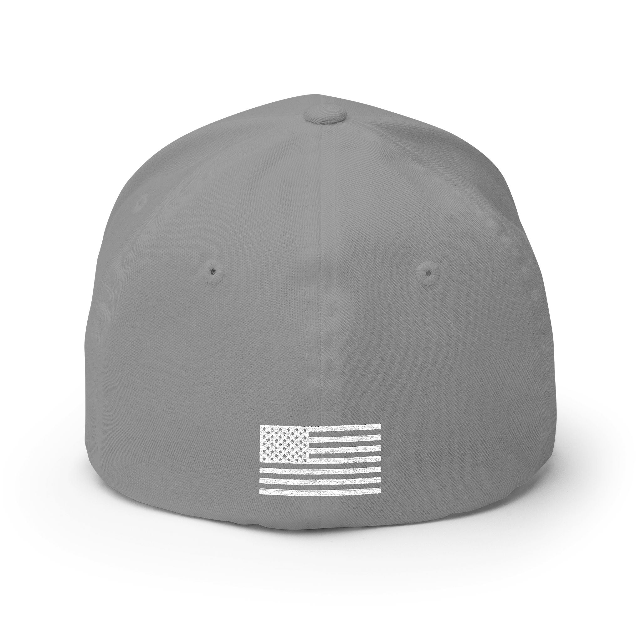 Embroidered baseball cap, light grey with white American flag patch on back