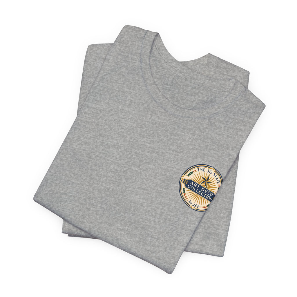 Dark heather gray T-shirt set with circular chest logo print on top shirt.
