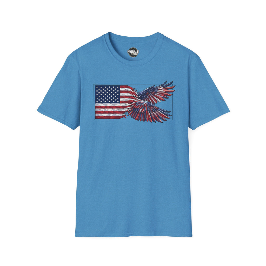 Patriotic eagle flag graphic T-shirt, bright blue with red-white-blue eagle