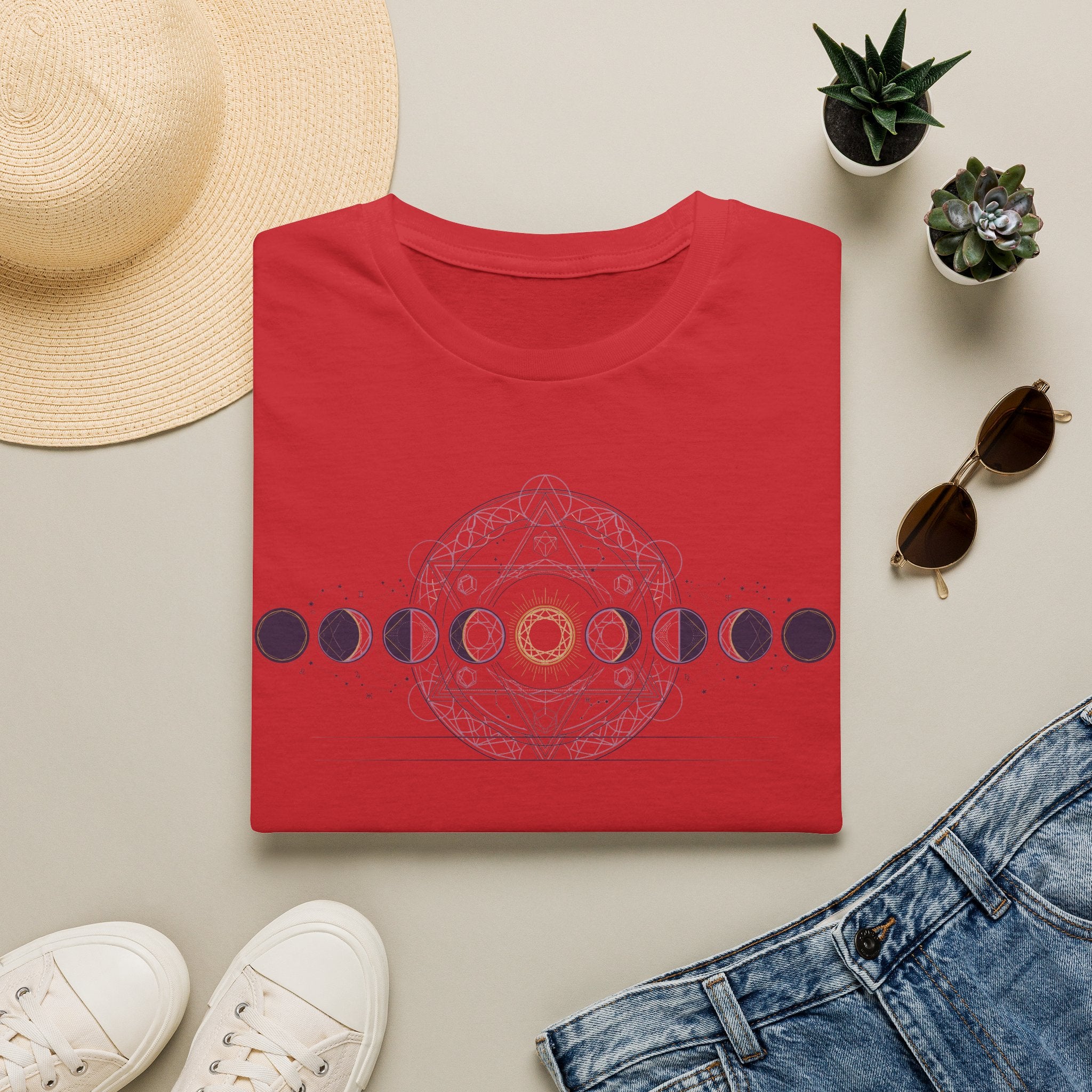 Red moon phases graphic t-shirt with circular dotted design across the chest