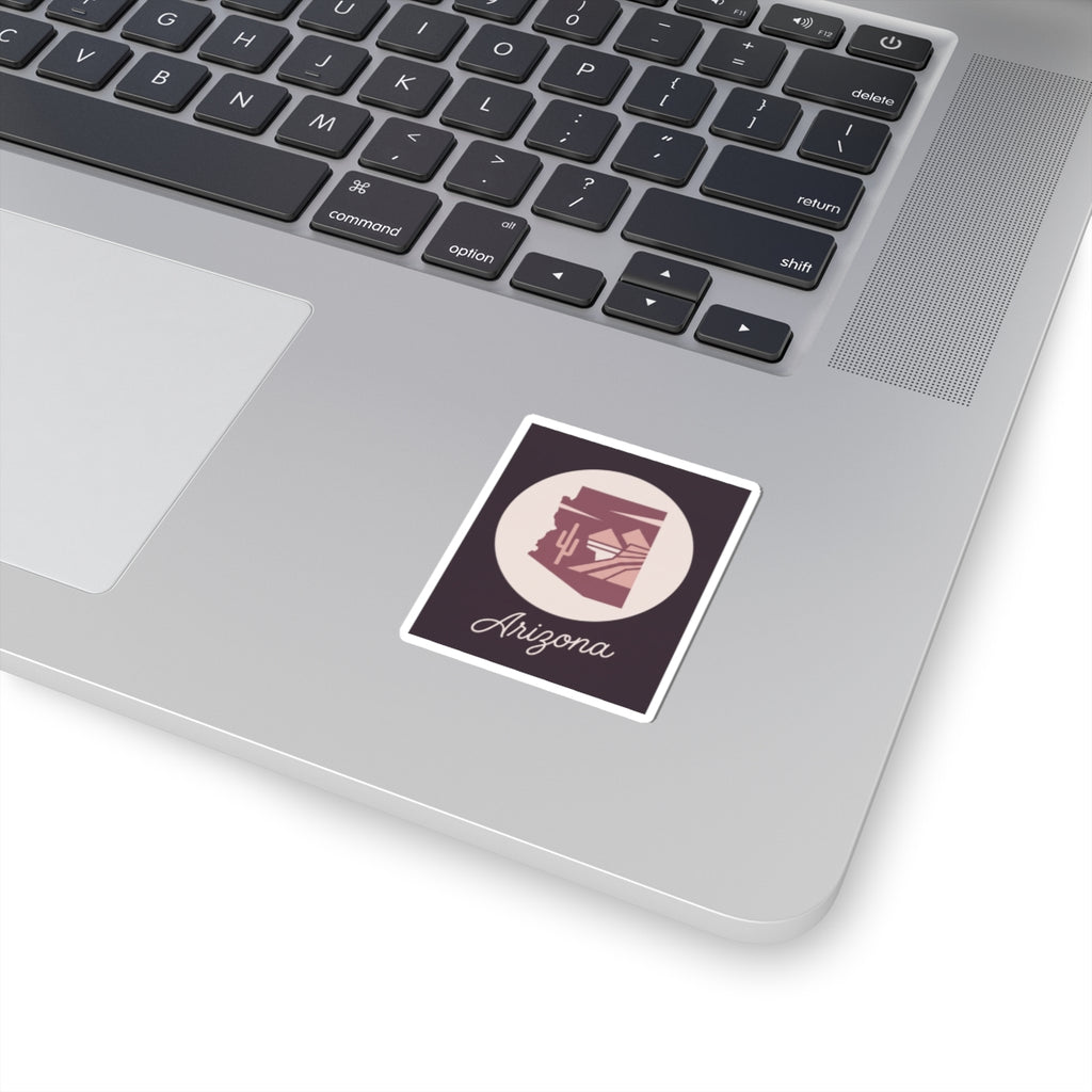 Square mauve Arizona state silhouette vinyl decal with 'Arizona' script, white border