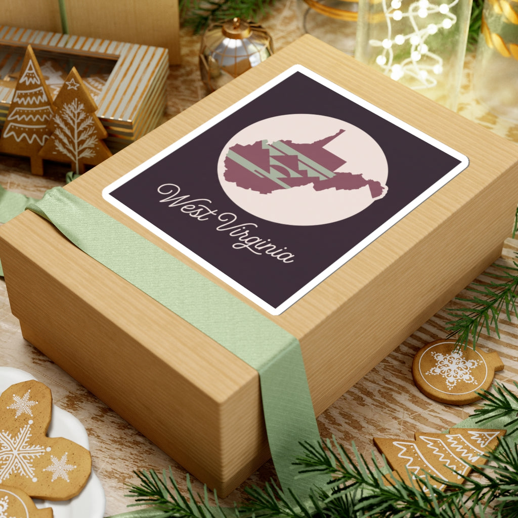 West Virginia decal on wrapped gift: purple square with circular map and “West Virginia” lettering.