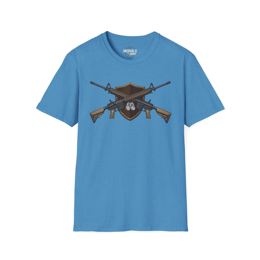 Light blue T-shirt with crossed rifles shield emblem graphic centered on front