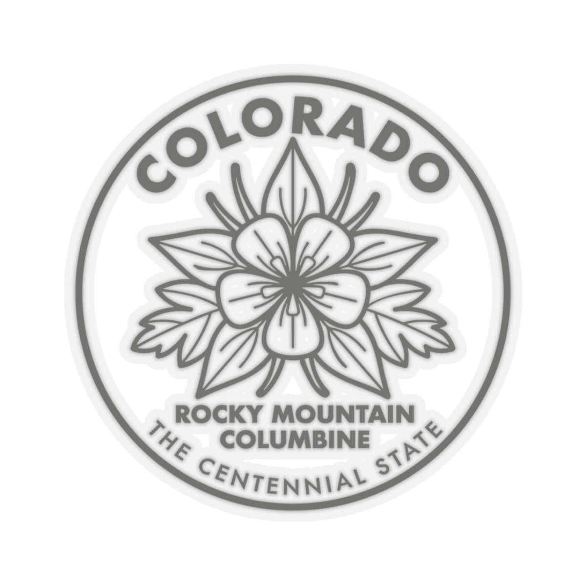 Transparent vinyl round sticker featuring a columbine flower and Colorado text