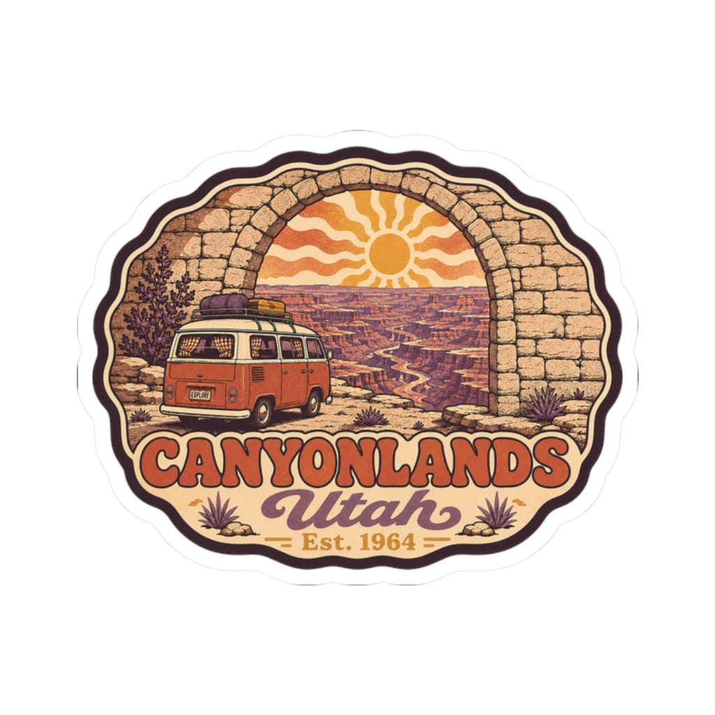 Canyonlands Utah retro sticker with orange-red camper van, arch, and Est. 1964 text