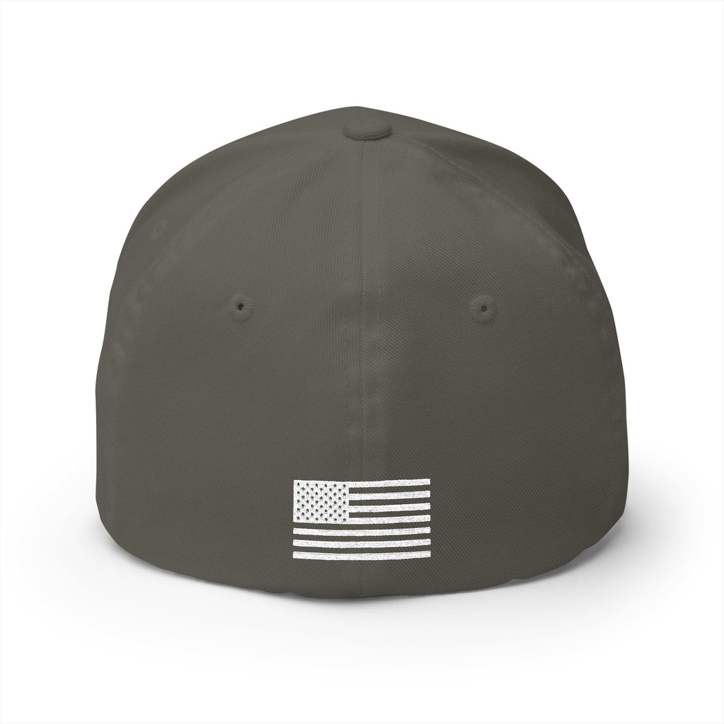 Dark green/charcoal baseball cap with white American flag patch on the front