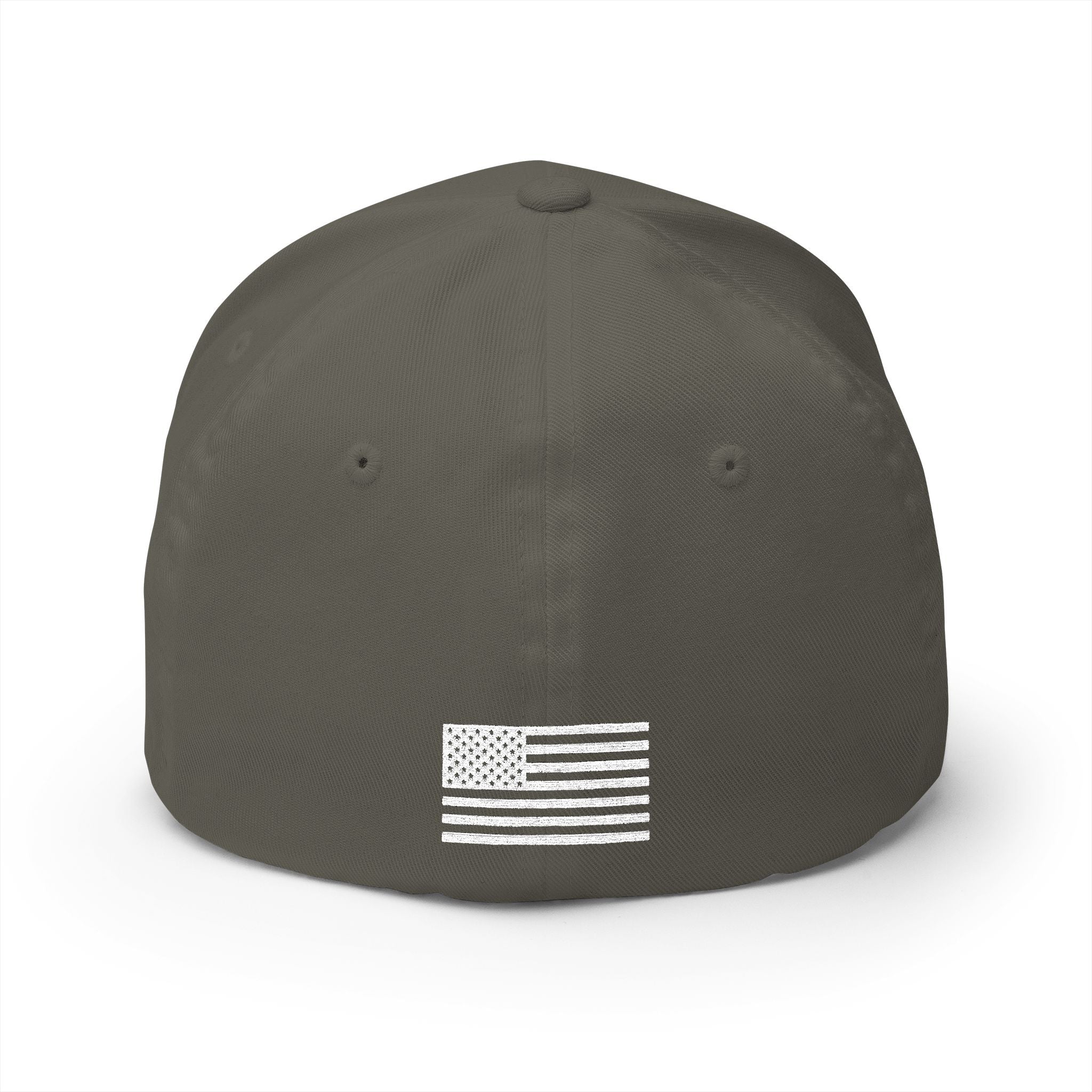 Dark green/charcoal baseball cap with white American flag patch on the front