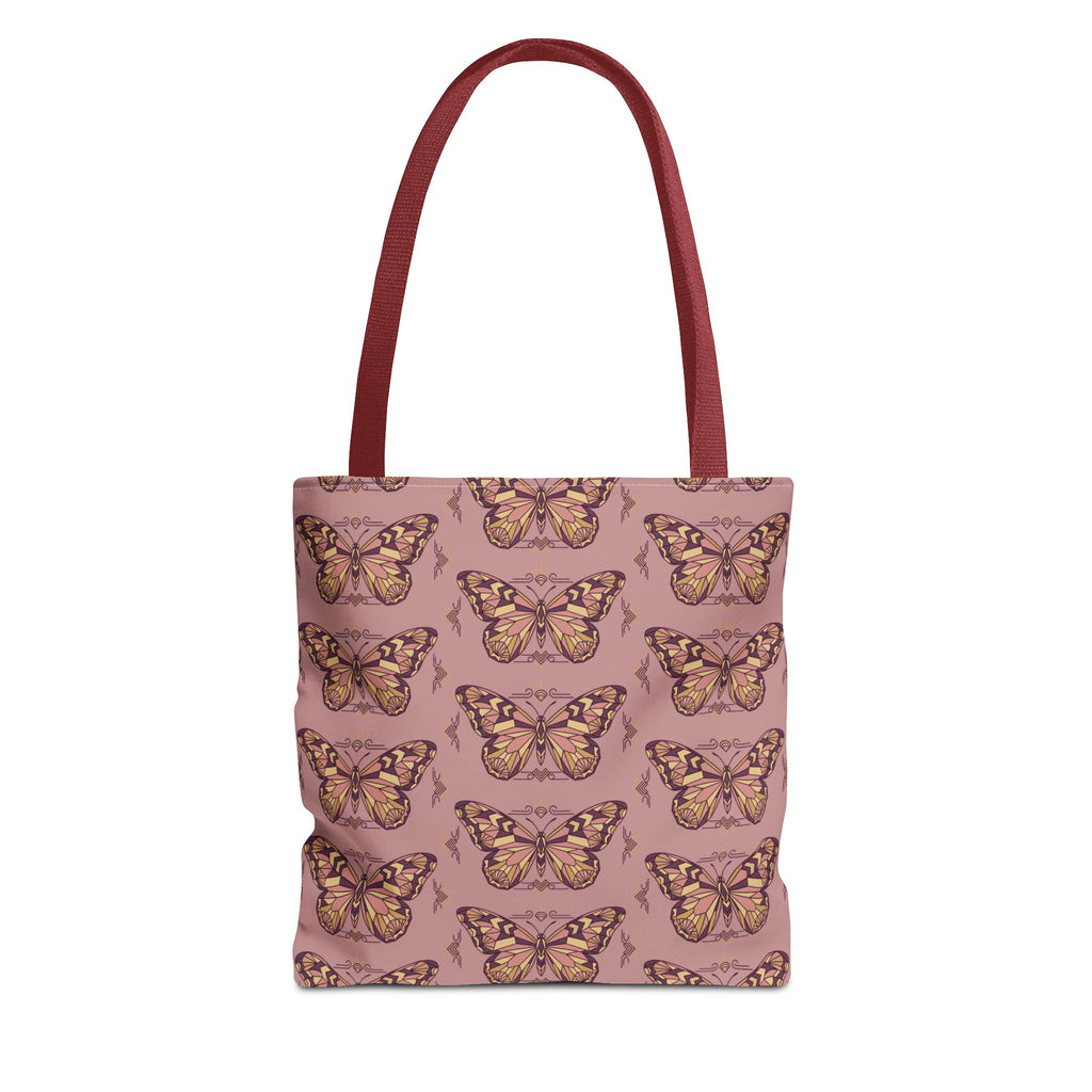 Pink butterfly pattern tote bag with maroon handle straps
