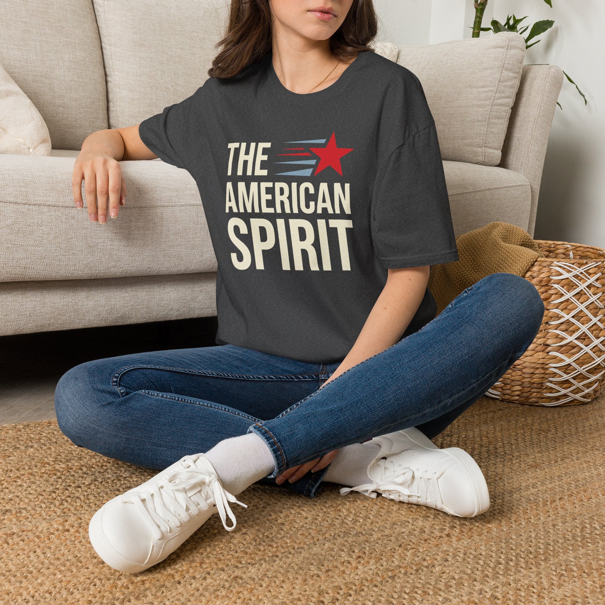 T-shirt, dark gray, crew neck, short sleeves, "THE AMERICAN SPIRIT" graphic.