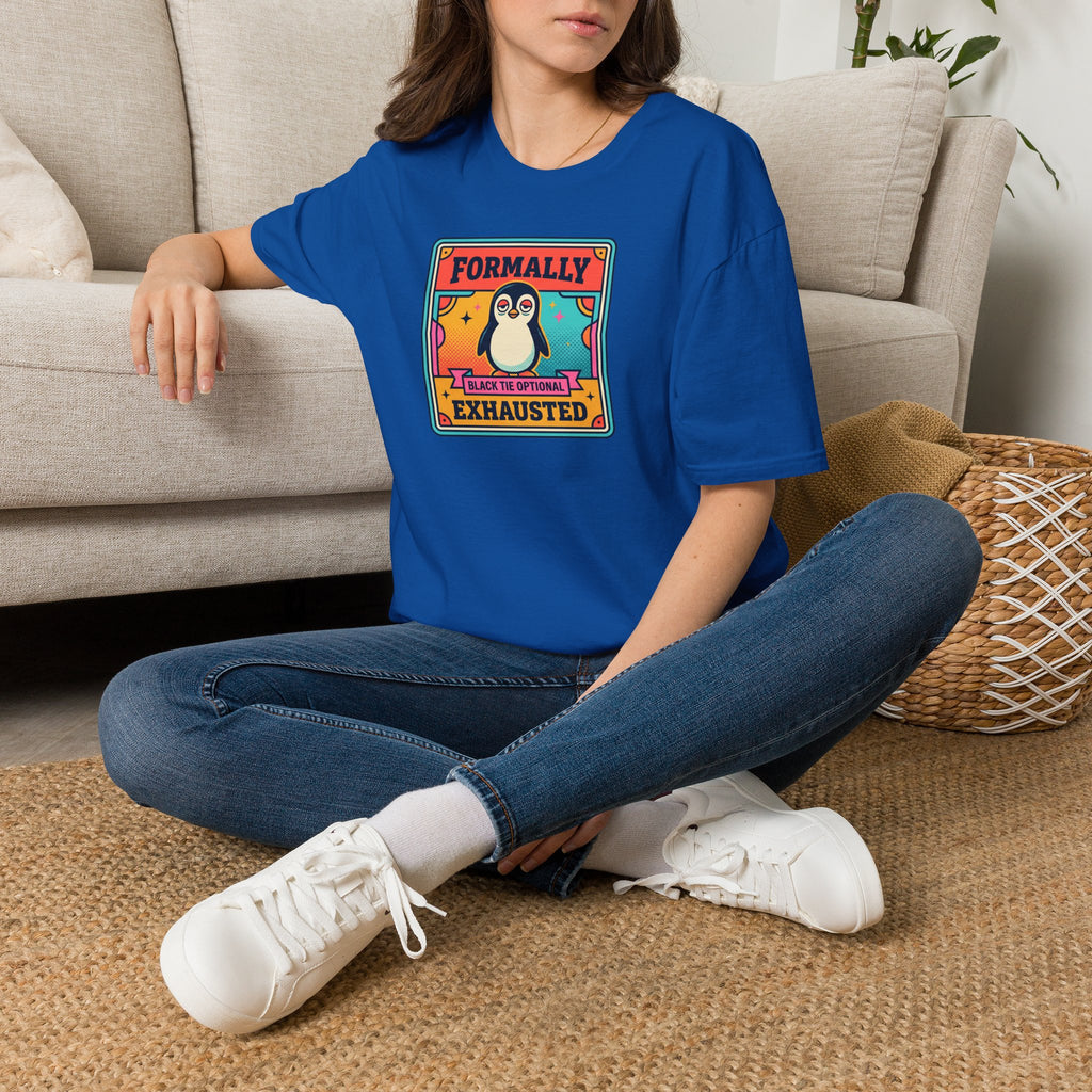 Funny Penguin T-Shirt | Formally Exhausted Black Tie Optional Retro Graphic Tee | Penguin Gift